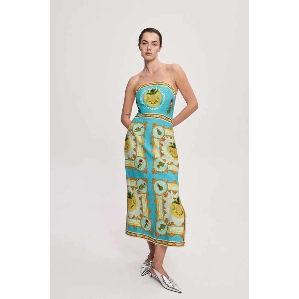 Alemais La Musica Midi Dress Exclusive Strapless Turquoise and Gold Dress